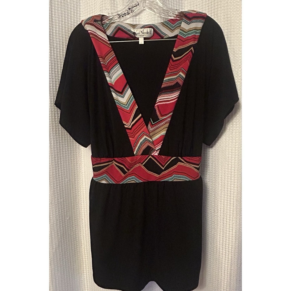 VTG Y2K Women's Babydoll Top Size 2X Black Abstract Print Tie Back V Neck